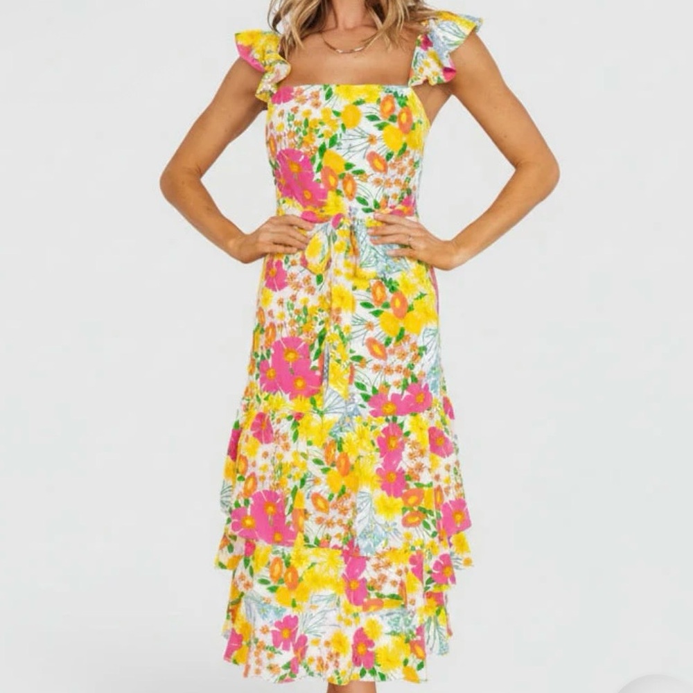 BALTIC BØRN The Dani Ruffled Tiered MIDI Dress Adjustable strap multicolor SZ: S